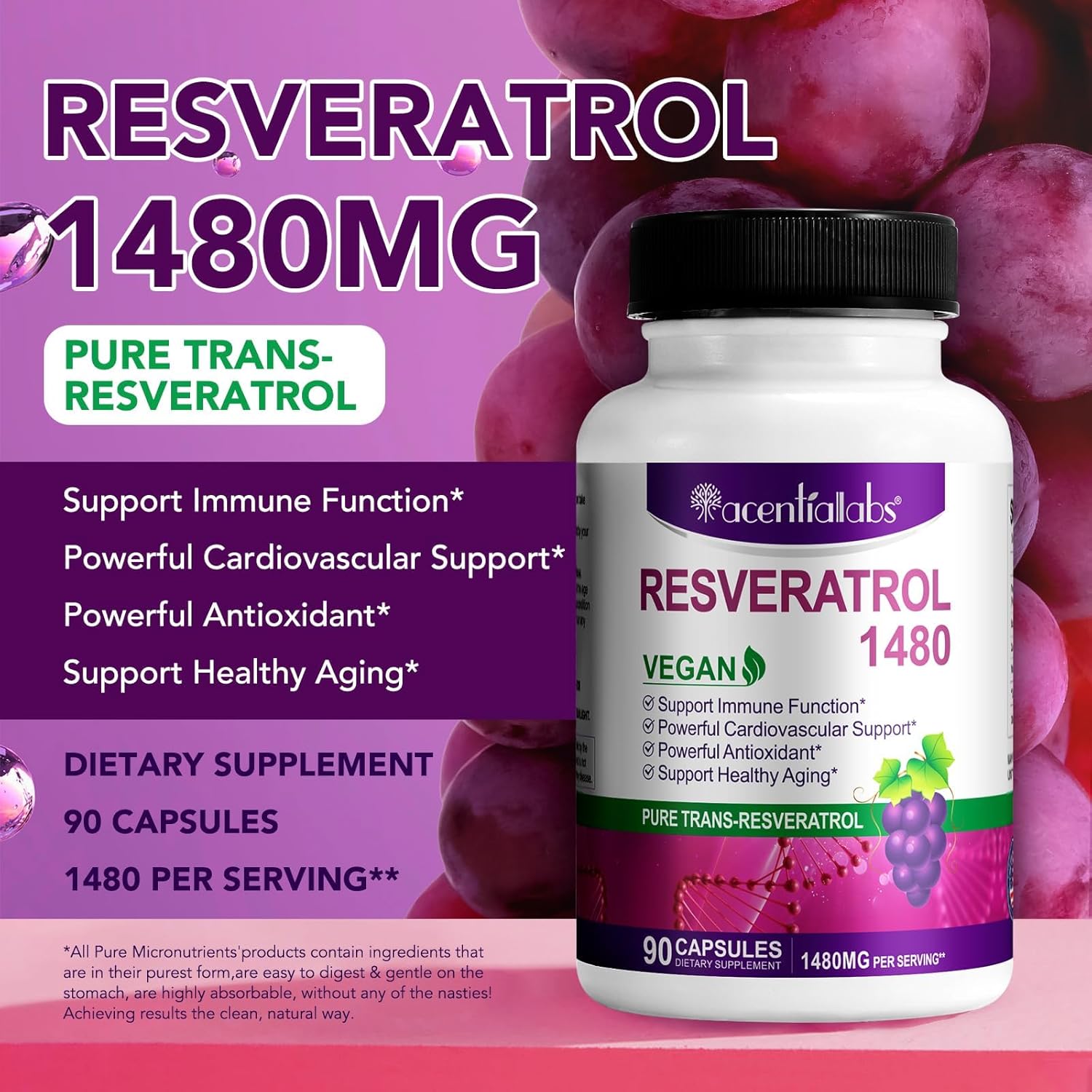 1480mg Resveratrol Supplement with Antioxidants for Heart Health, Healthy Aging & Immune System - 90 Capsules