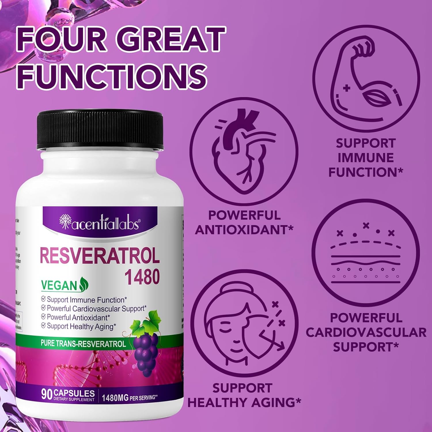 1480mg Resveratrol Supplement with Antioxidants for Heart Health, Healthy Aging & Immune System - 90 Capsules