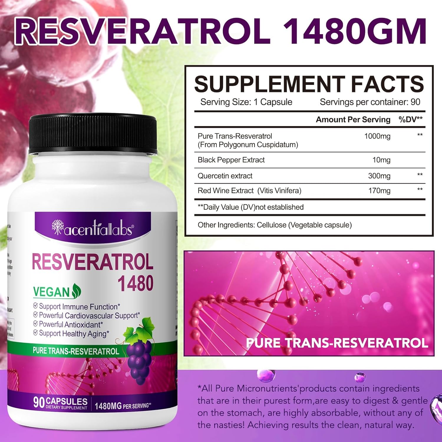 1480mg Resveratrol Supplement with Antioxidants for Heart Health, Healthy Aging & Immune System - 90 Capsules