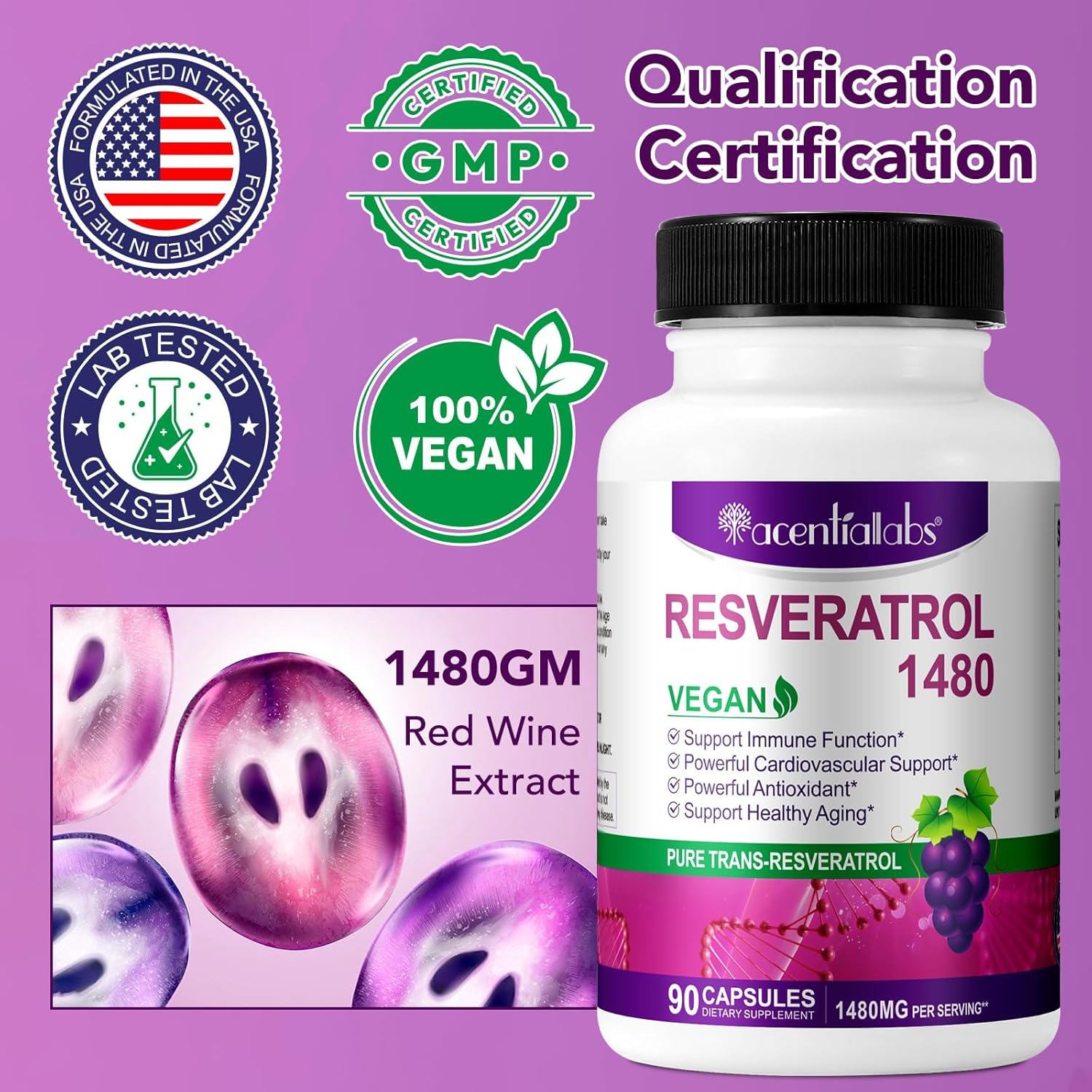 1480mg Resveratrol Supplement with Antioxidants for Heart Health, Healthy Aging & Immune System - 90 Capsules
