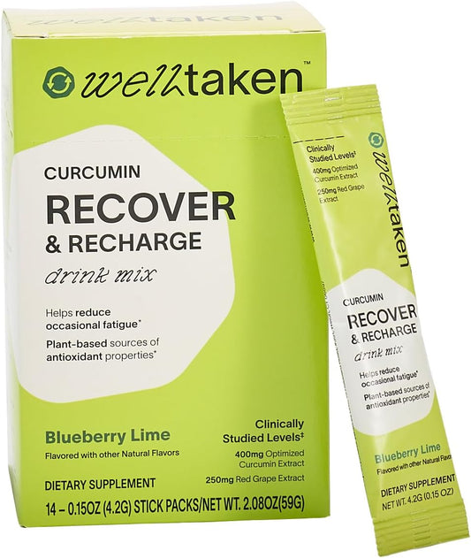 14ct WellTaken Turmeric Curcumin Recover Powder - Blueberry Lime Flavor, 400mg Optimized Curcumin with Pomegranate and Red Grape Extract - Vegan Formula for Reducing Occasional Fatigue, 14 Servings