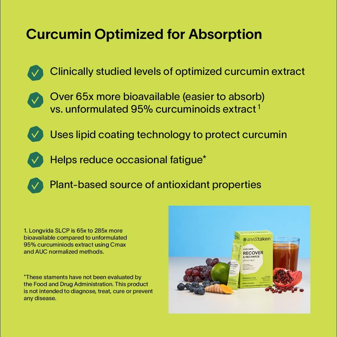 14ct WellTaken Turmeric Curcumin Recover Powder - Blueberry Lime Flavor, 400mg Optimized Curcumin with Pomegranate and Red Grape Extract - Vegan Formula for Reducing Occasional Fatigue, 14 Servings