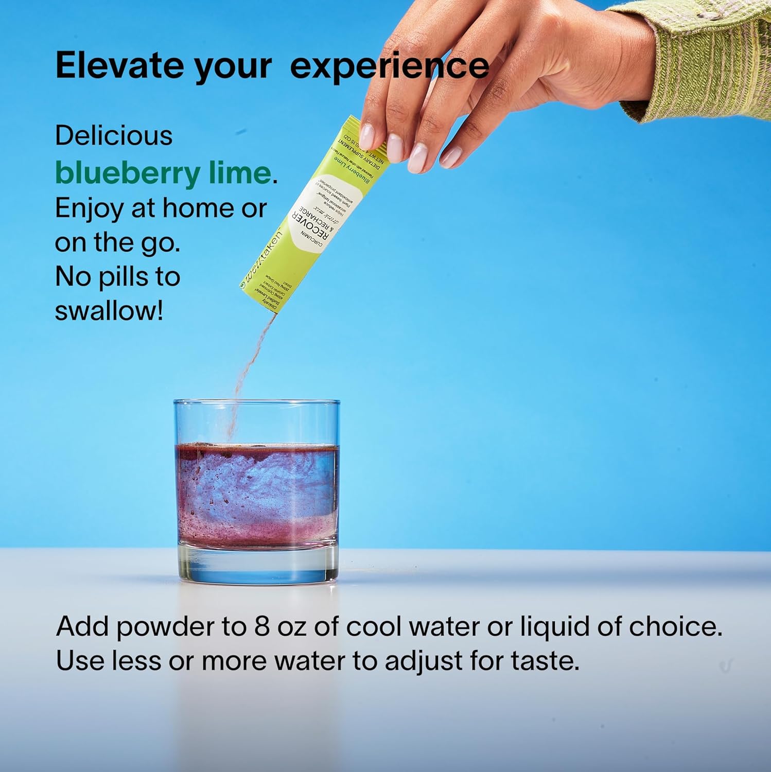 14ct WellTaken Turmeric Curcumin Recover Powder - Blueberry Lime Flavor, 400mg Optimized Curcumin with Pomegranate and Red Grape Extract - Vegan Formula for Reducing Occasional Fatigue, 14 Servings