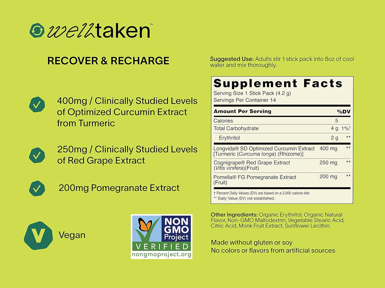 14ct WellTaken Turmeric Curcumin Recover Powder - Blueberry Lime Flavor, 400mg Optimized Curcumin with Pomegranate and Red Grape Extract - Vegan Formula for Reducing Occasional Fatigue, 14 Servings