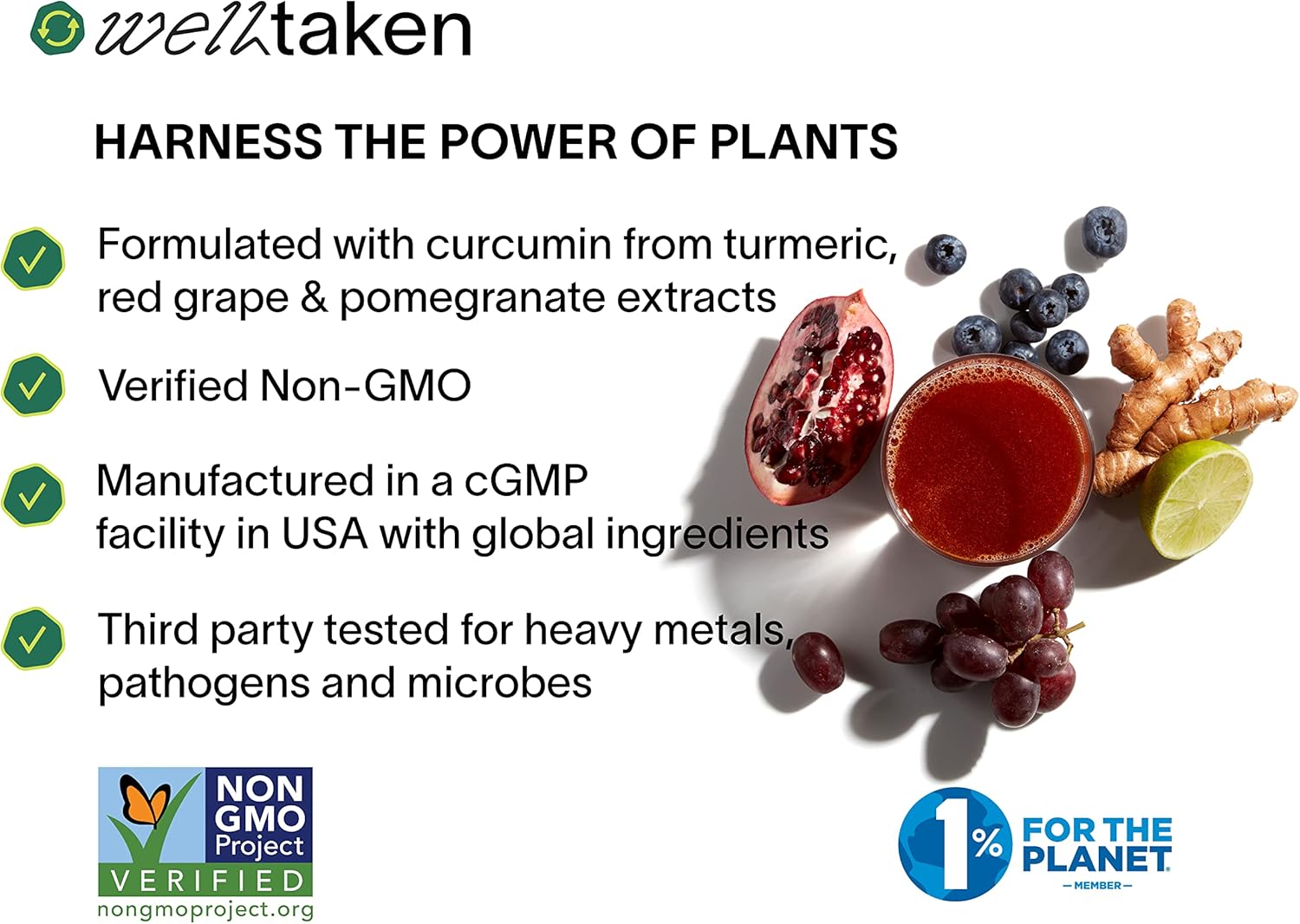 14ct WellTaken Turmeric Curcumin Recover Powder - Blueberry Lime Flavor, 400mg Optimized Curcumin with Pomegranate and Red Grape Extract - Vegan Formula for Reducing Occasional Fatigue, 14 Servings