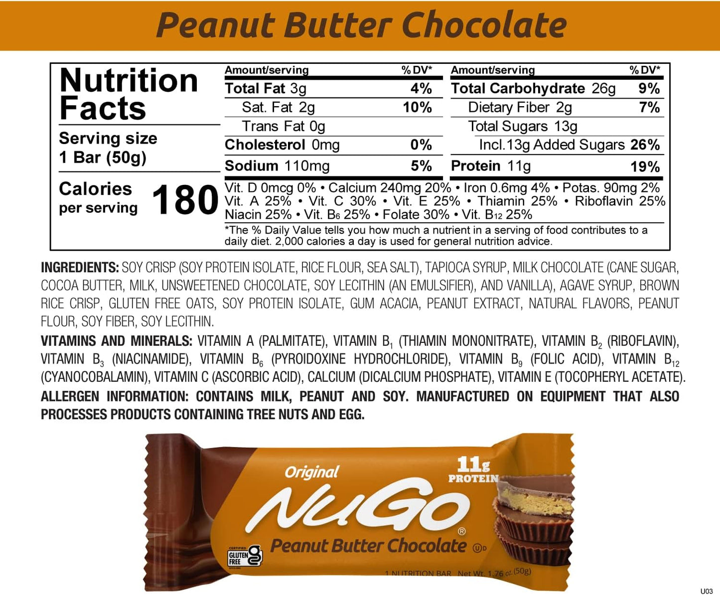 15 Count NuGo Protein Bars with 11g Protein, Gluten Free, Peanut Butter Flavor