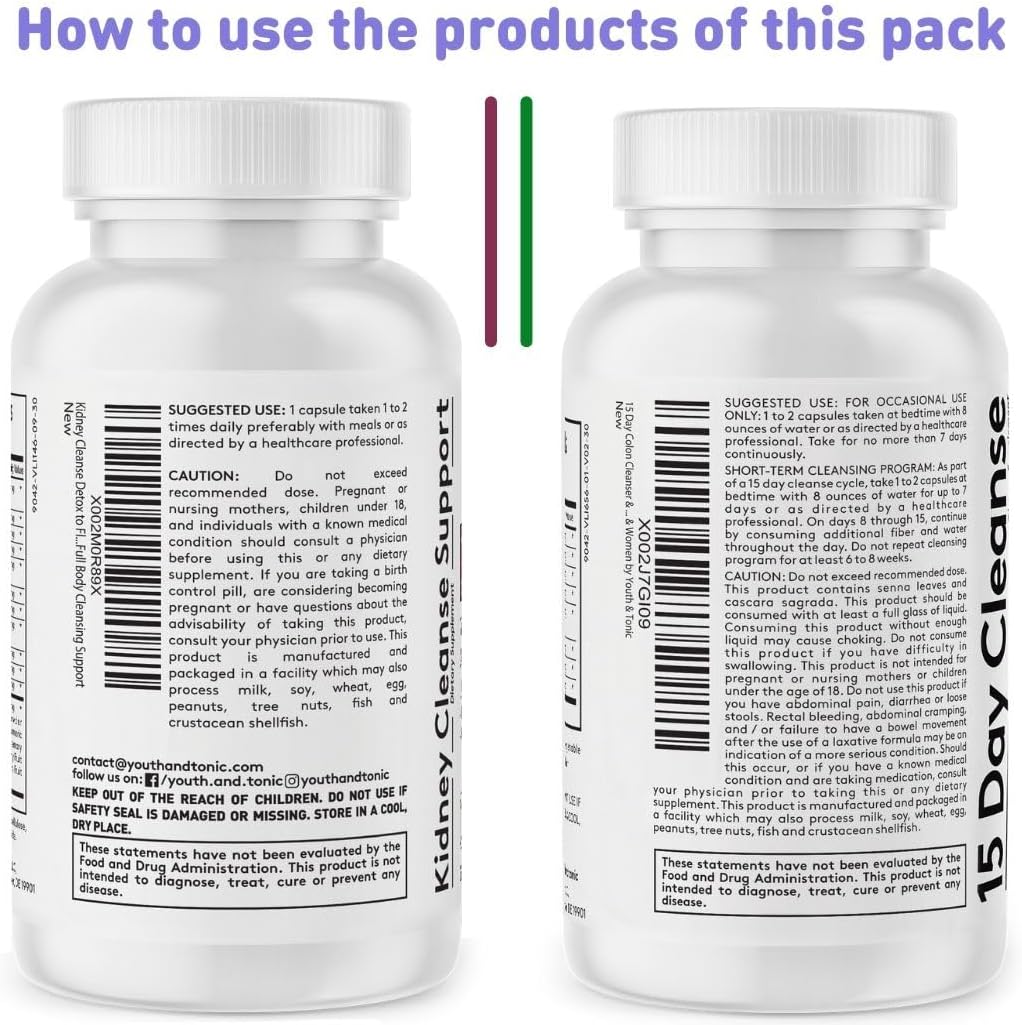 15 Day Colon and Kidney Cleanse Detox Pills - Full Body Cleanse for Bloating, Gut, Bladder, and Urinary Tract - Herbal Supplement with Senna and Cranberry - 60 Pills for Men and Women