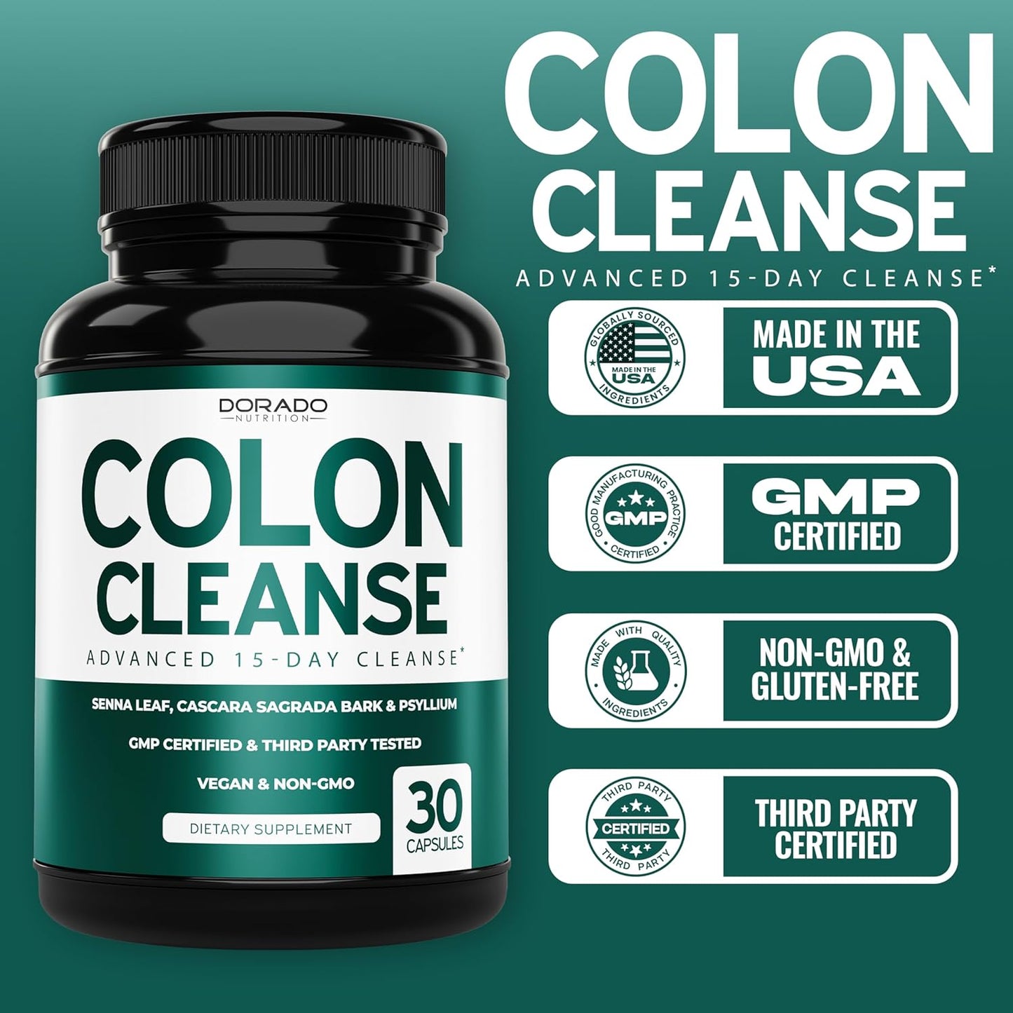 15-Day Colon Cleanse & Detox with Probiotic for Gentle Laxative & Gut Health Support - 30 Count, Made in USA, Third Party Tested