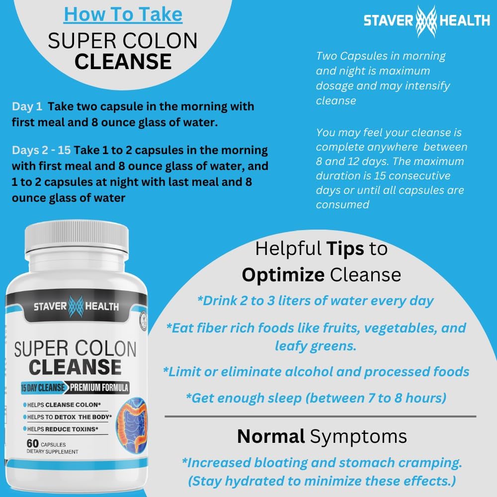 15 Day Colon Cleanse Pills with Psyllium Husk for Detox and Colon Cleansing by Staver Health
