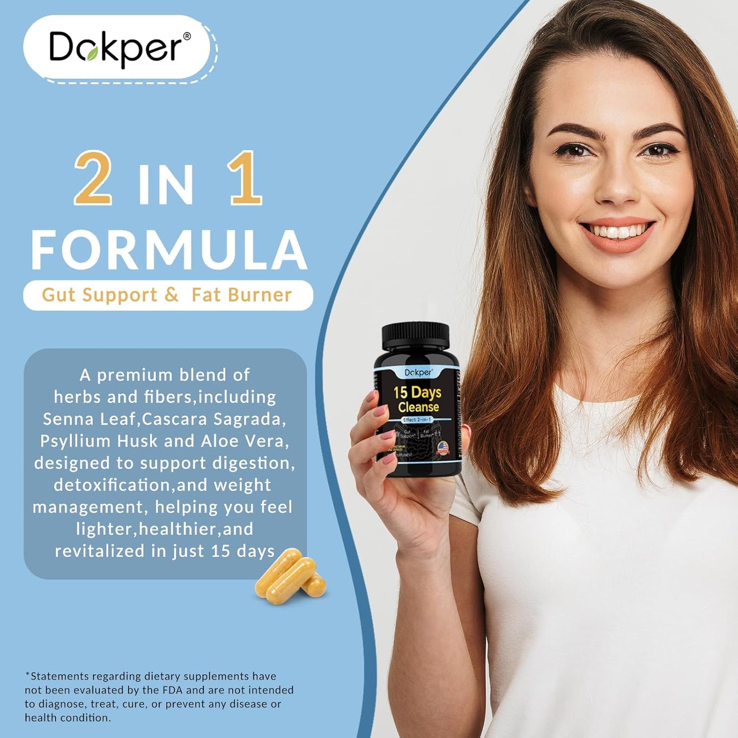 15-Day DOKPER Natural Cleanse Detox for Men & Women - 2-in-1 Gut Support and Colon Cleanse with 30 Capsules