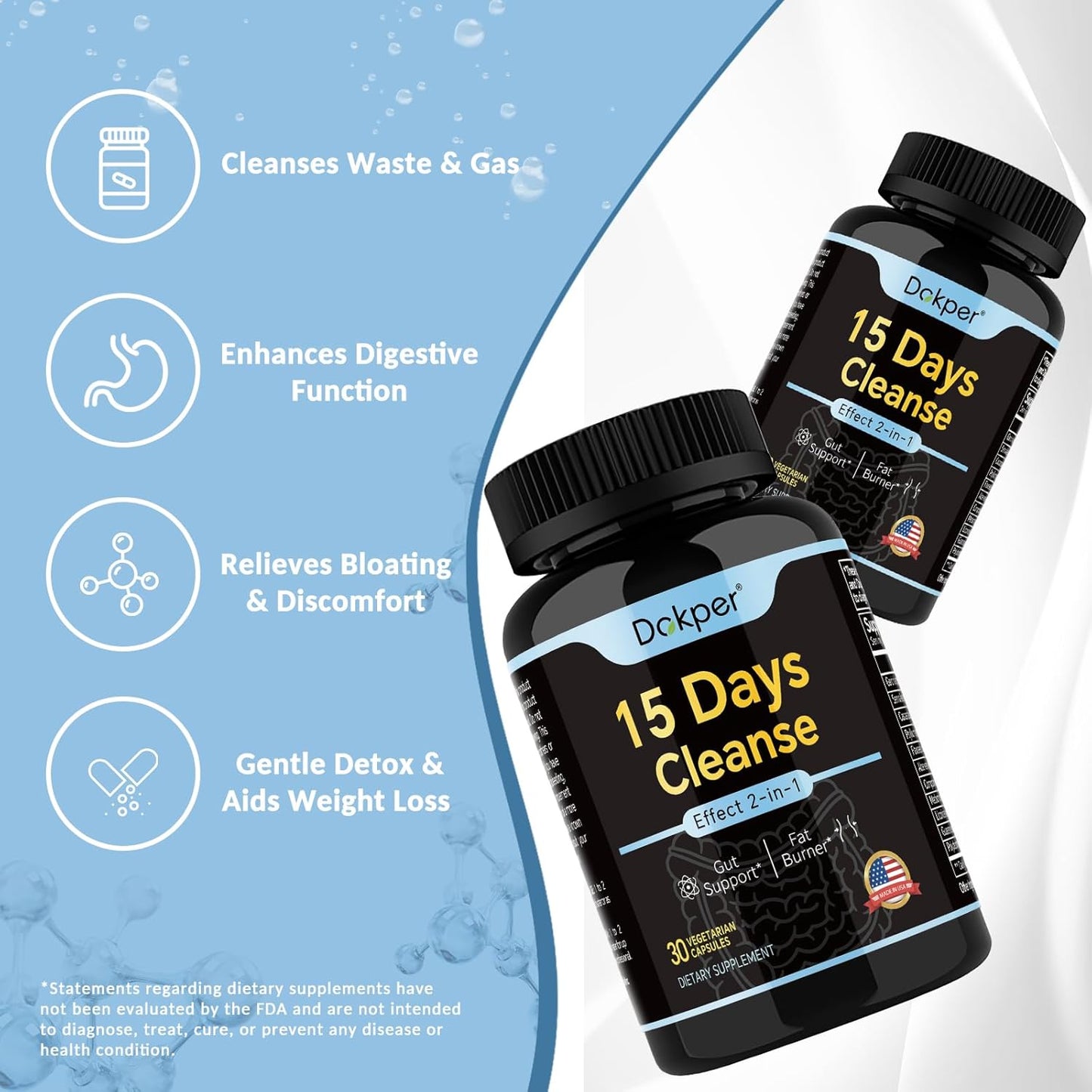 15-Day DOKPER Natural Cleanse Detox for Men & Women - 2-in-1 Gut Support and Colon Cleanse with 30 Capsules