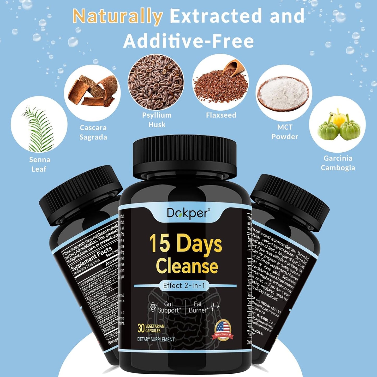15-Day DOKPER Natural Cleanse Detox for Men & Women - 2-in-1 Gut Support and Colon Cleanse with 30 Capsules