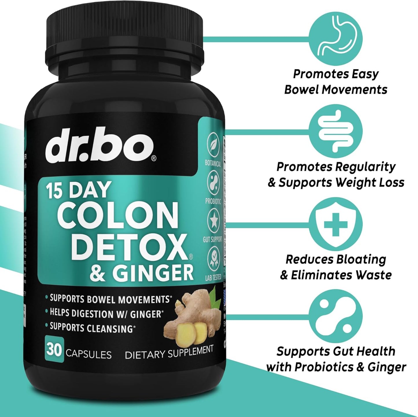 15-Day Dr. BO Colon Cleanser Detox Pills with Ginger - Fast Natural Laxative for Weight Flush & Constipation Relief