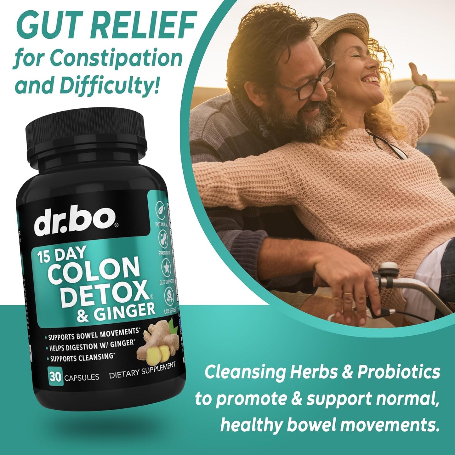 15-Day Dr. BO Colon Cleanser Detox Pills with Ginger - Fast Natural Laxative for Weight Flush & Constipation Relief