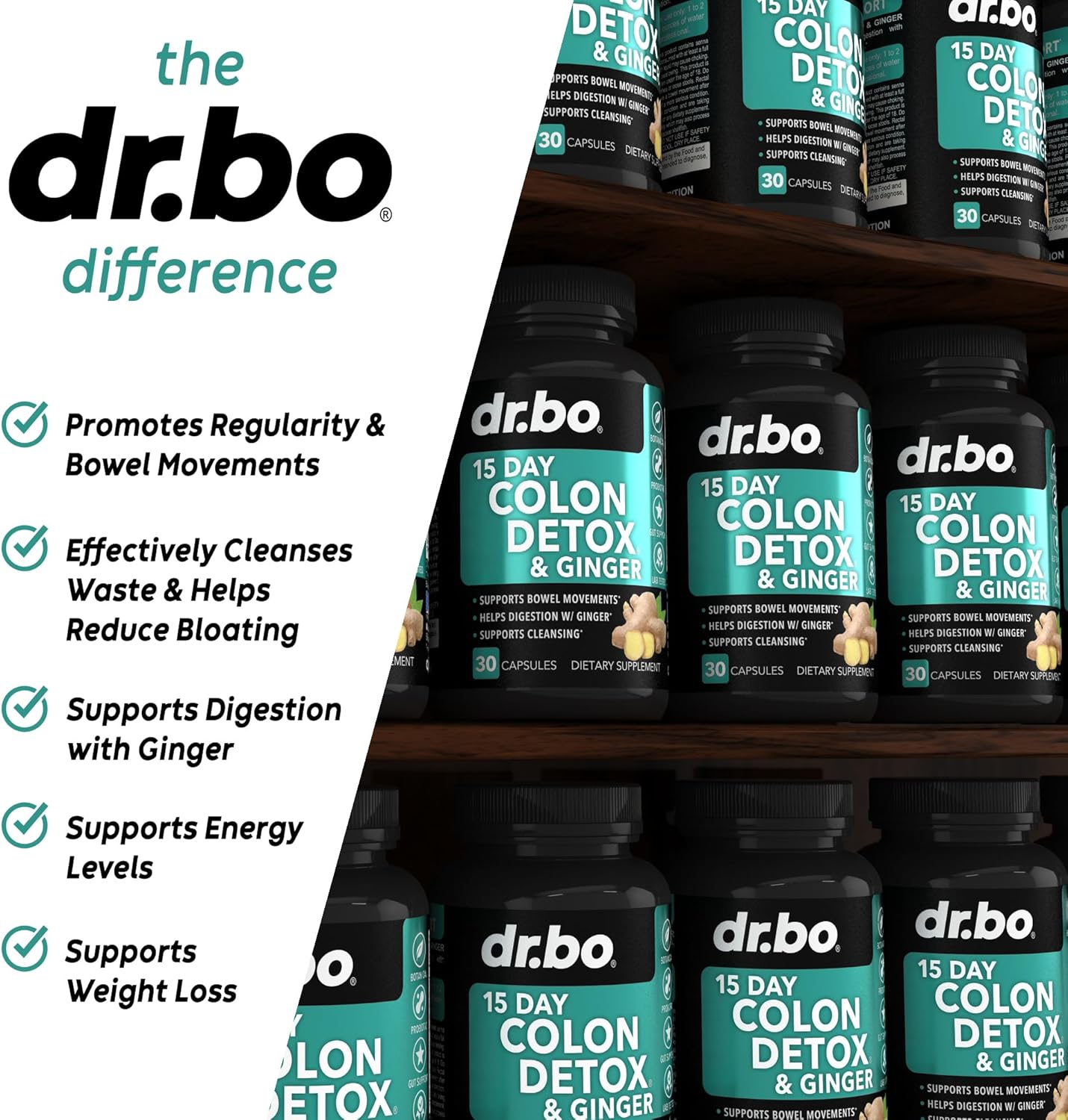 15-Day Dr. BO Colon Cleanser Detox Pills with Ginger - Fast Natural Laxative for Weight Flush & Constipation Relief