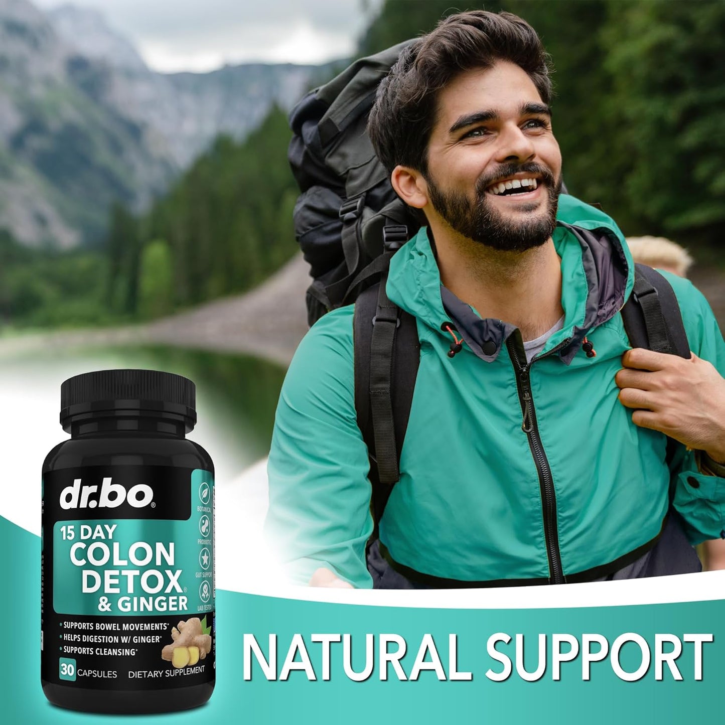 15-Day Dr. BO Colon Cleanser Detox Pills with Ginger - Fast Natural Laxative for Weight Flush & Constipation Relief