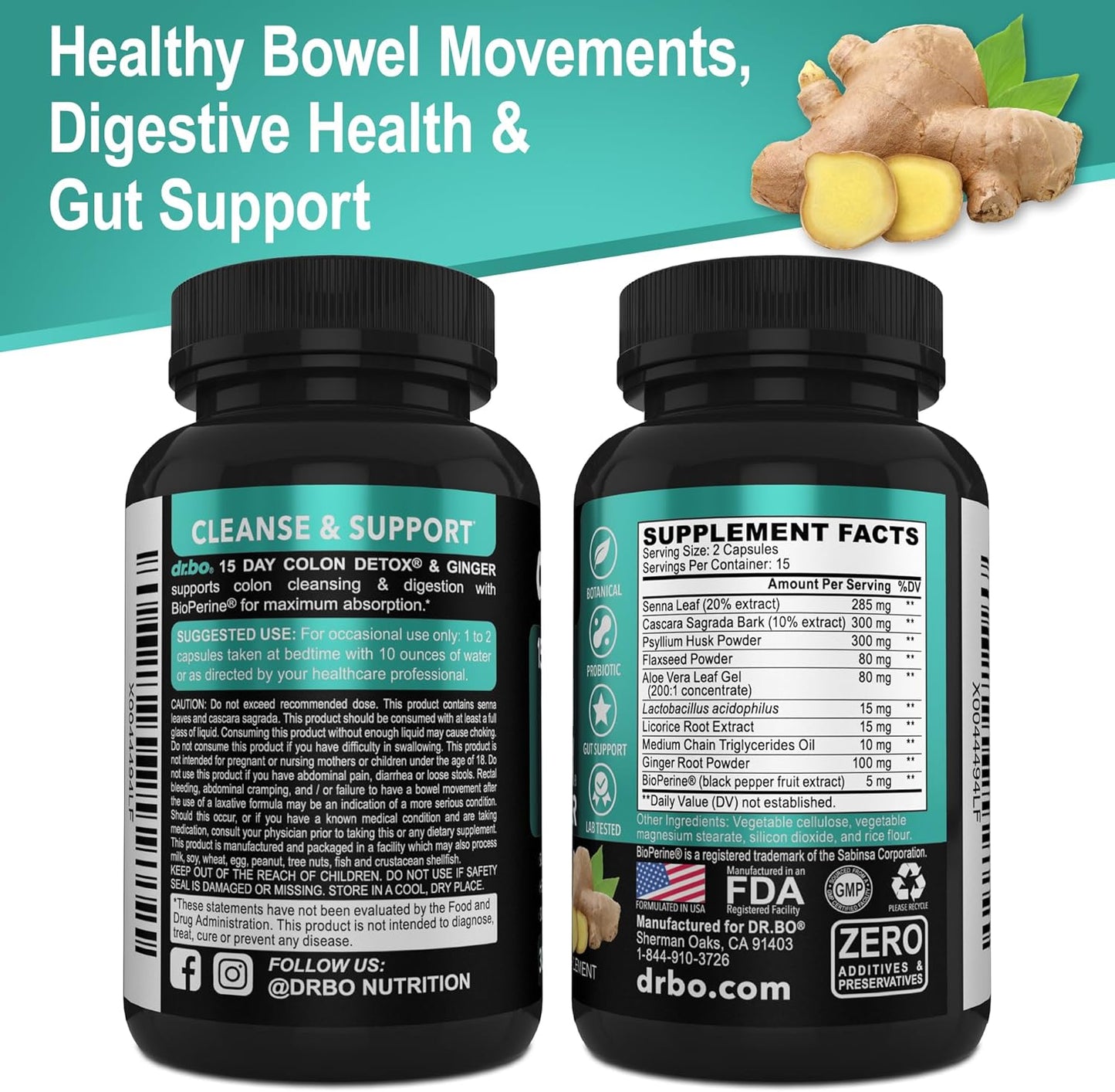 15-Day Dr. BO Colon Cleanser Detox Pills with Ginger - Fast Natural Laxative for Weight Flush & Constipation Relief