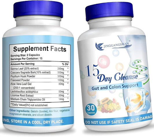 15 Day Gut Cleanse with Senna, Cascara Sagrada & Psyllium Husk - Advanced Formula for Gut and Colon Support, Bowel Dissolving Capsules - 30 Capsules (2 Bottles)