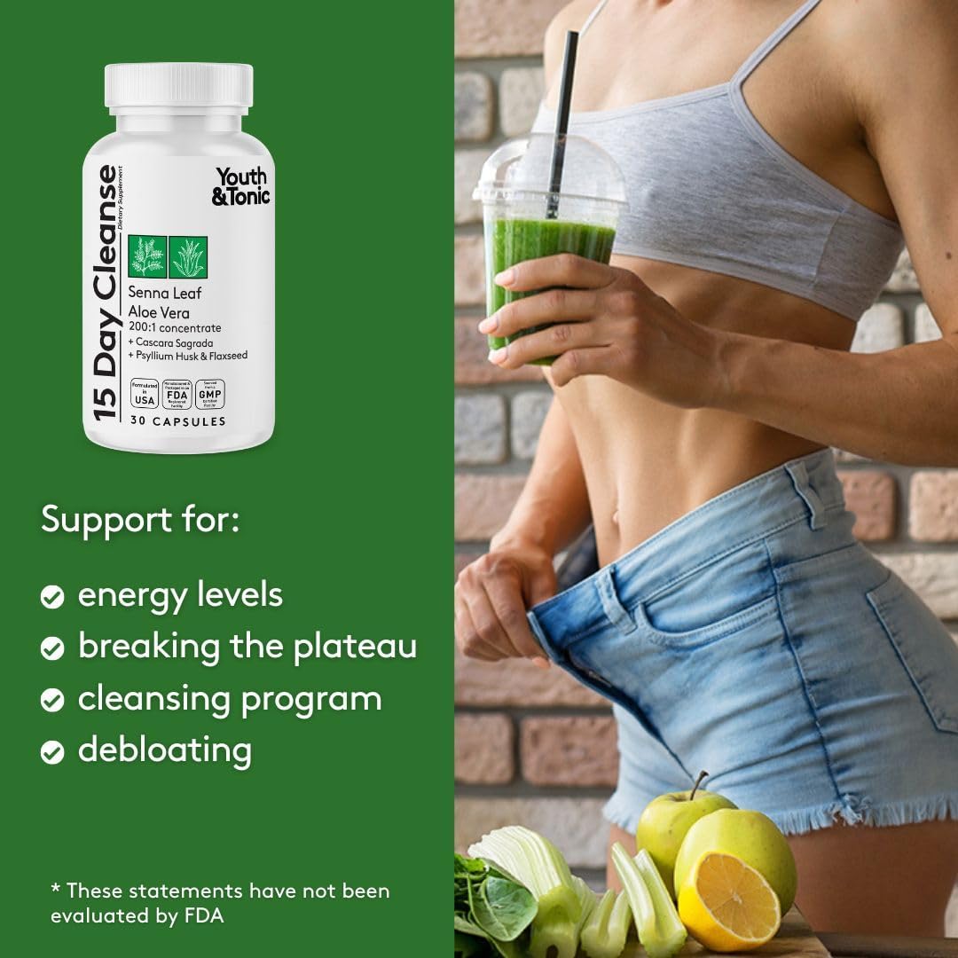 15 Day Gut Health & Colon Detox Cleanse for Men & Women - Reduce Belly Bloat, Boost Energy, Made in USA - 30 Pills