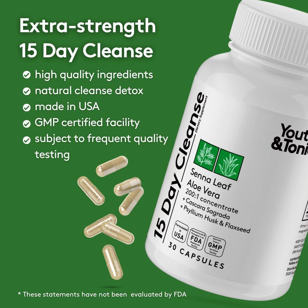 15 Day Gut Health & Colon Detox Cleanse for Men & Women - Reduce Belly Bloat, Boost Energy, Made in USA - 30 Pills