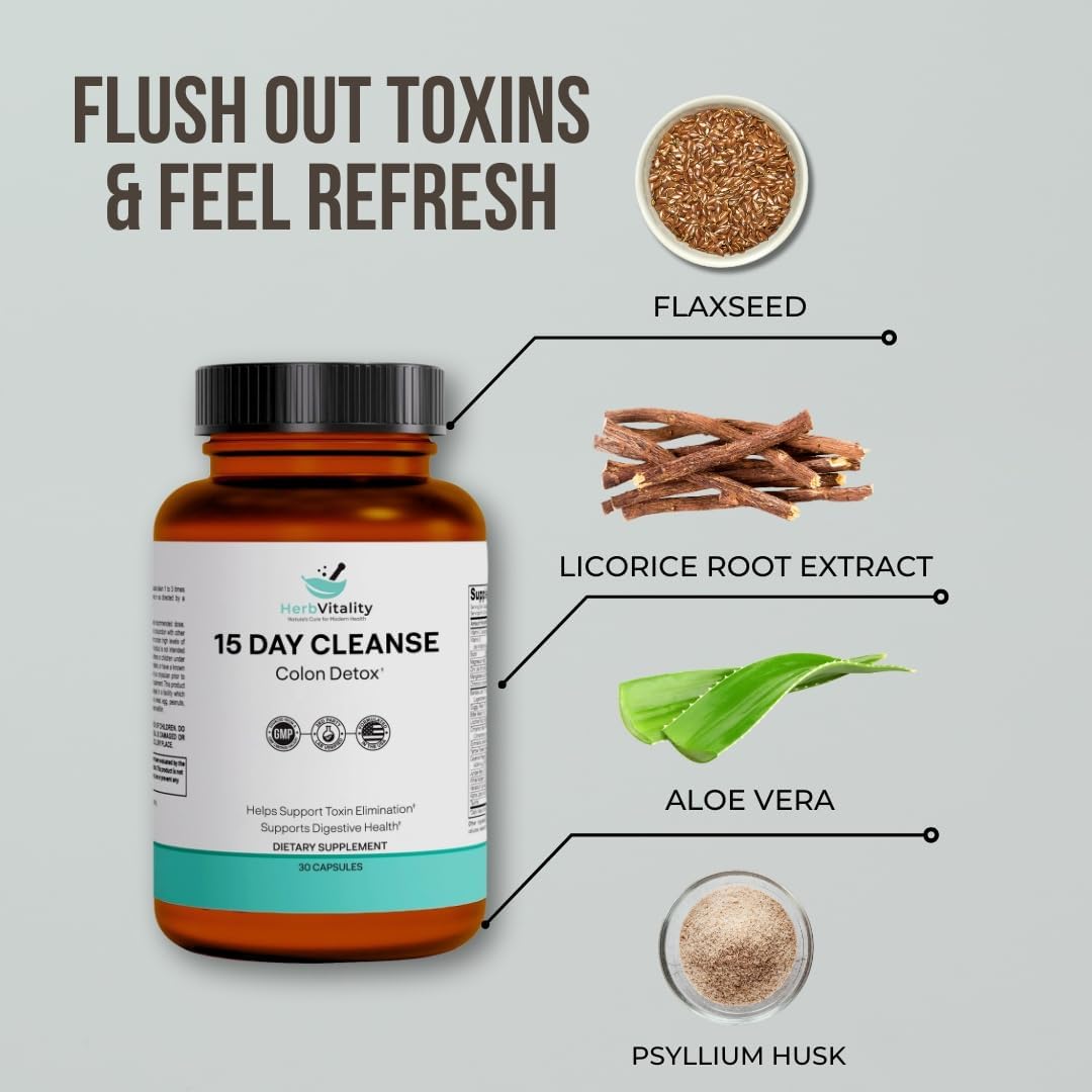 15-Day Herb Vitality Colon Cleanse: Probiotics for Men & Women, Candida Cleanse, Aloe Vera, Licorice Root, Psyllium Husk - Supports Gut, Digestive & Immune Health, Detox & Kidney Cleanse