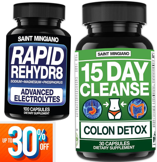 15 Day Saint Mingiano Colon Cleanse with Natural Laxative & Rapid Rehydr8 Electrolyte Supplements - Prevent Cramping & Support Muscle Endurance - 100 Easy Swallow Capsules