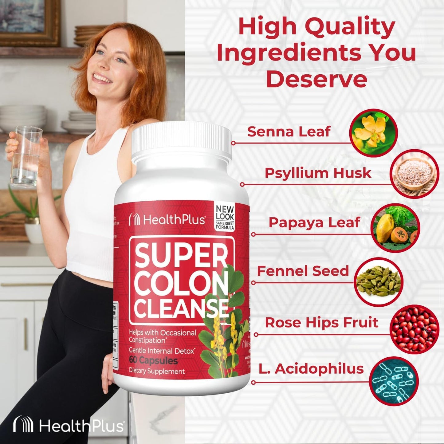 15 Day Supply of Health Plus Super Colon Cleanse Capsules for Gentle Gut Cleanse & Digestive Support with Psyllium Husk & Probiotics