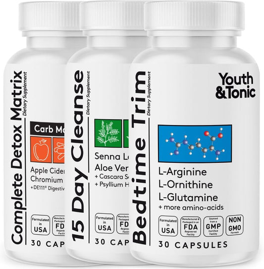 15-Day Youth & Tonic Amino Acids Bedtime Trim Colon Cleanser with ACV Detox - 90 Pills for Metabolism Boost & Lean Muscles