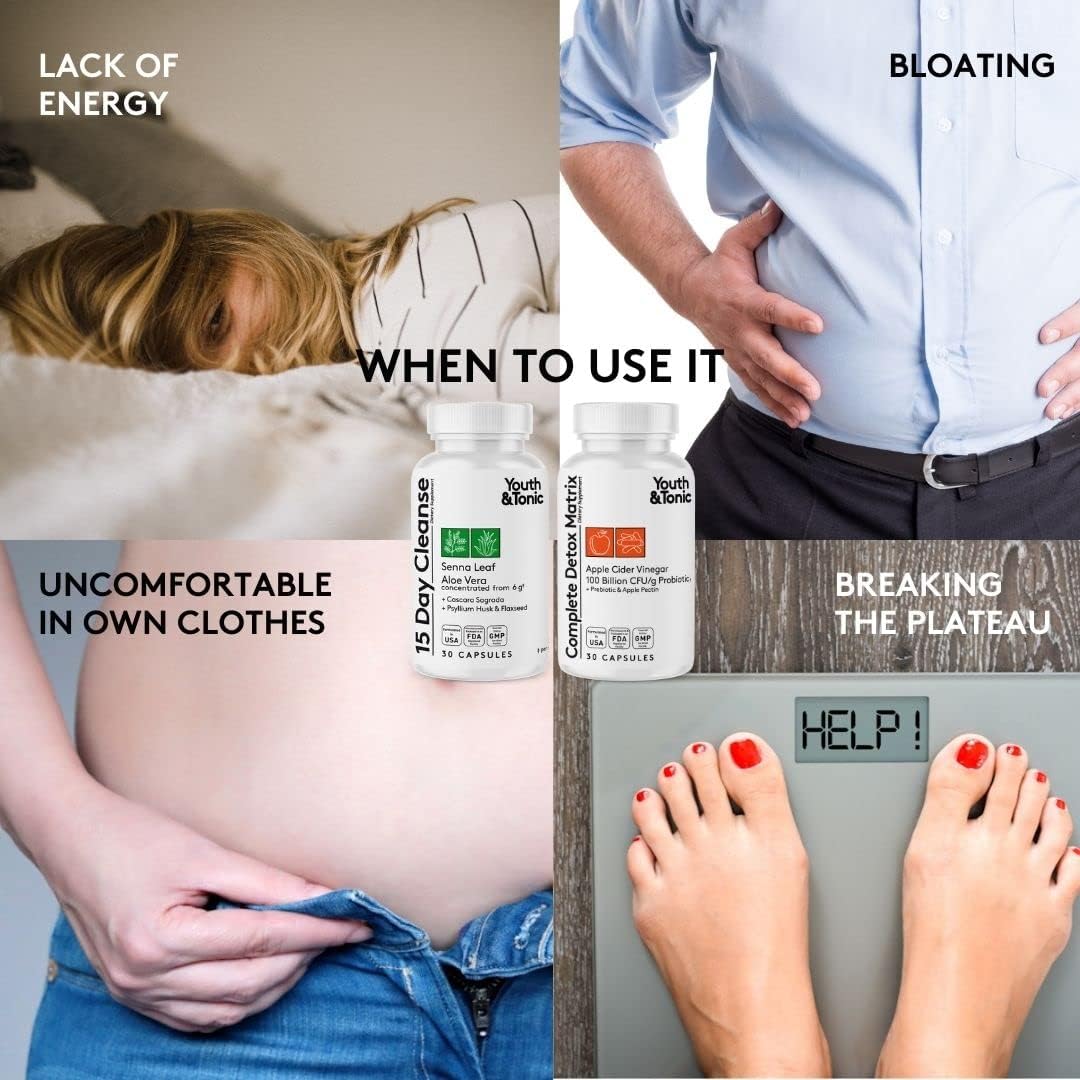 15-Day Youth & Tonic Amino Acids Bedtime Trim Colon Cleanser with ACV Detox - 90 Pills for Metabolism Boost & Lean Muscles