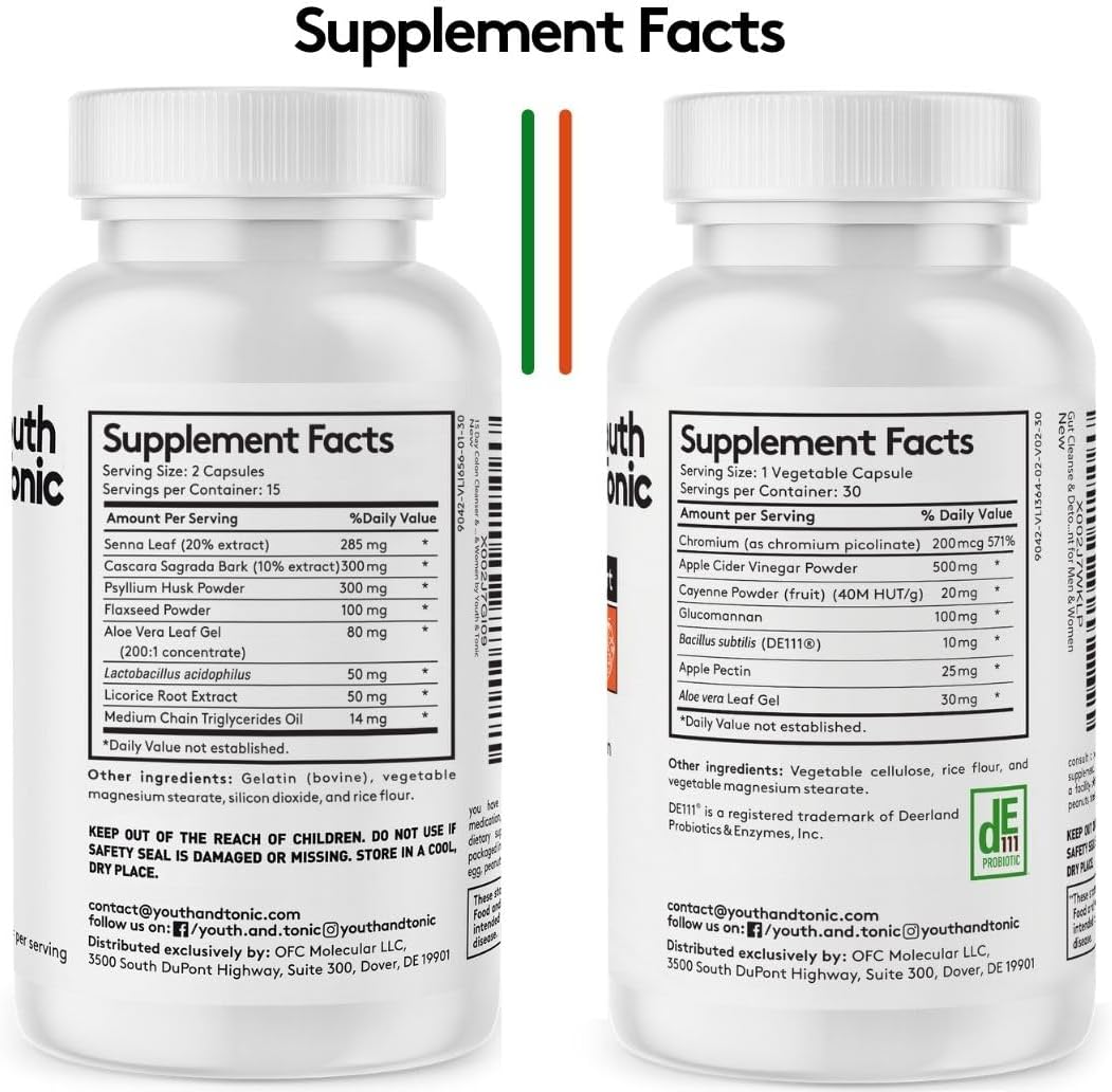 15-Day Youth & Tonic Amino Acids Bedtime Trim Colon Cleanser with ACV Detox - 90 Pills for Metabolism Boost & Lean Muscles