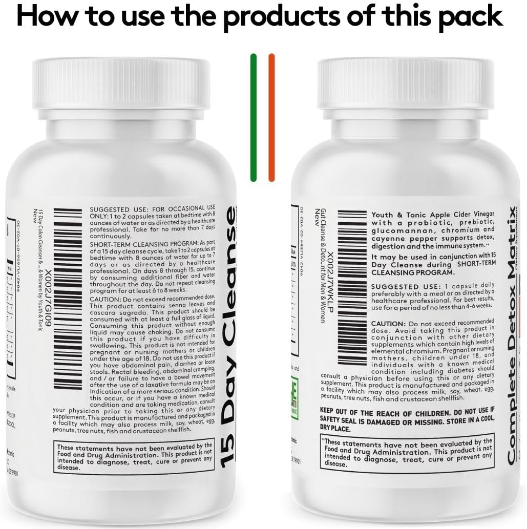 15-Day Youth & Tonic Amino Acids Bedtime Trim Colon Cleanser with ACV Detox - 90 Pills for Metabolism Boost & Lean Muscles