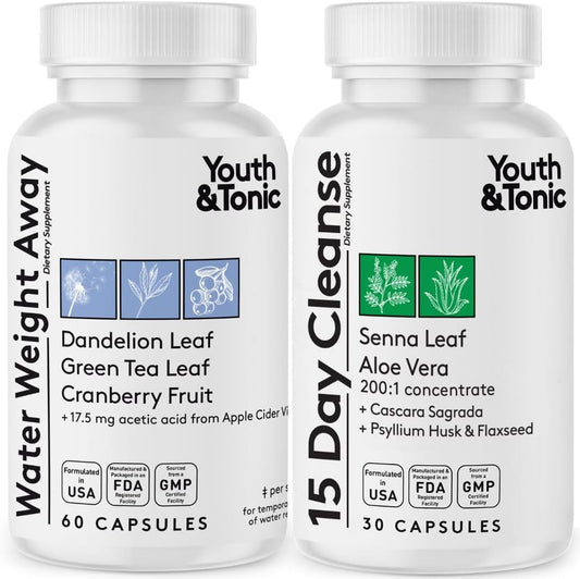 15 Day Youth & Tonic Jumpstart Cleanse for Bloating & Energy with Colon Detox & Gut Cleanser Pills - Supports Metabolism & Weight Loss - 90 Capsules