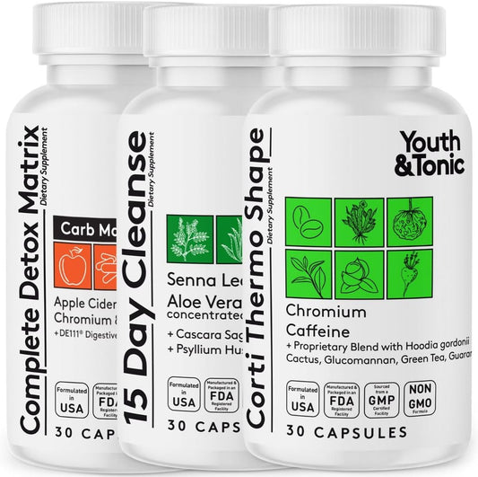 15-Day Youth & Tonic Thermogenic Colon Cleanser with ACV Detox - Boost Energy & Metabolism - 90 Pills