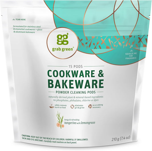 15 Grab Green Cookware and Bakeware Cleaner Pods, Tangerine Lemongrass Scent, Plant and Mineral Based, Removes Burnt-On Food and Stains