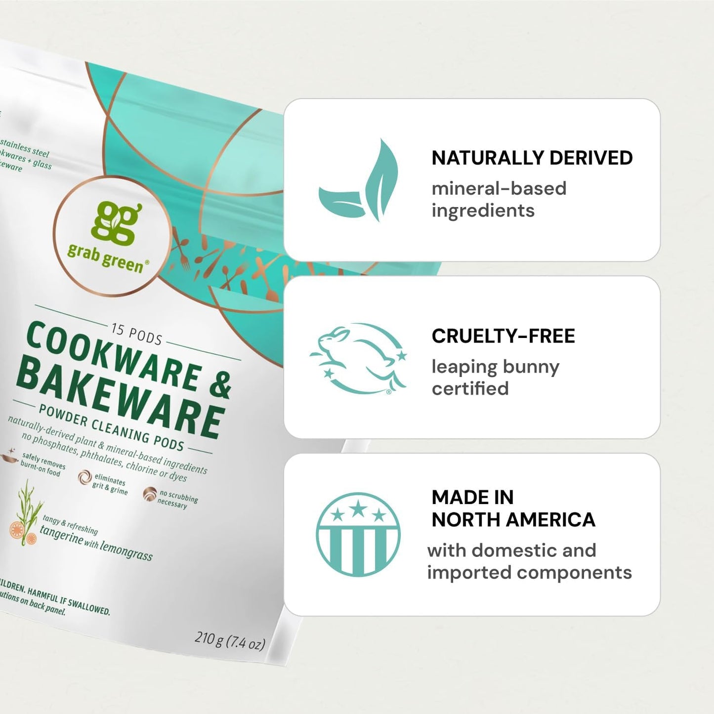 15 Grab Green Cookware and Bakeware Cleaner Pods, Tangerine Lemongrass Scent, Plant and Mineral Based, Removes Burnt-On Food and Stains