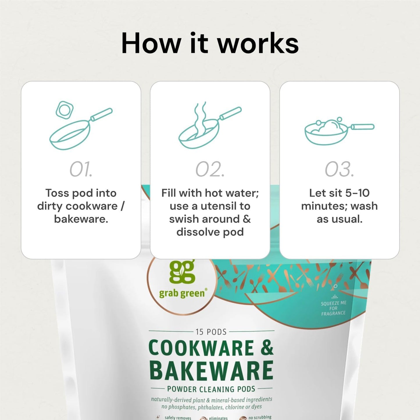 15 Grab Green Cookware and Bakeware Cleaner Pods, Tangerine Lemongrass Scent, Plant and Mineral Based, Removes Burnt-On Food and Stains