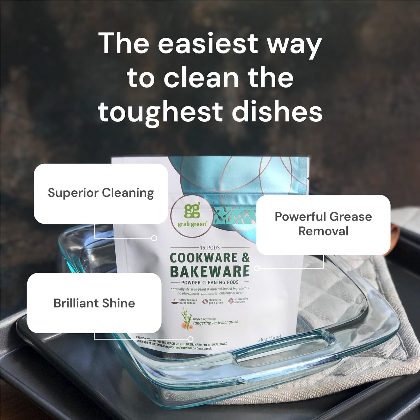 15 Grab Green Cookware and Bakeware Cleaner Pods, Tangerine Lemongrass Scent, Plant and Mineral Based, Removes Burnt-On Food and Stains