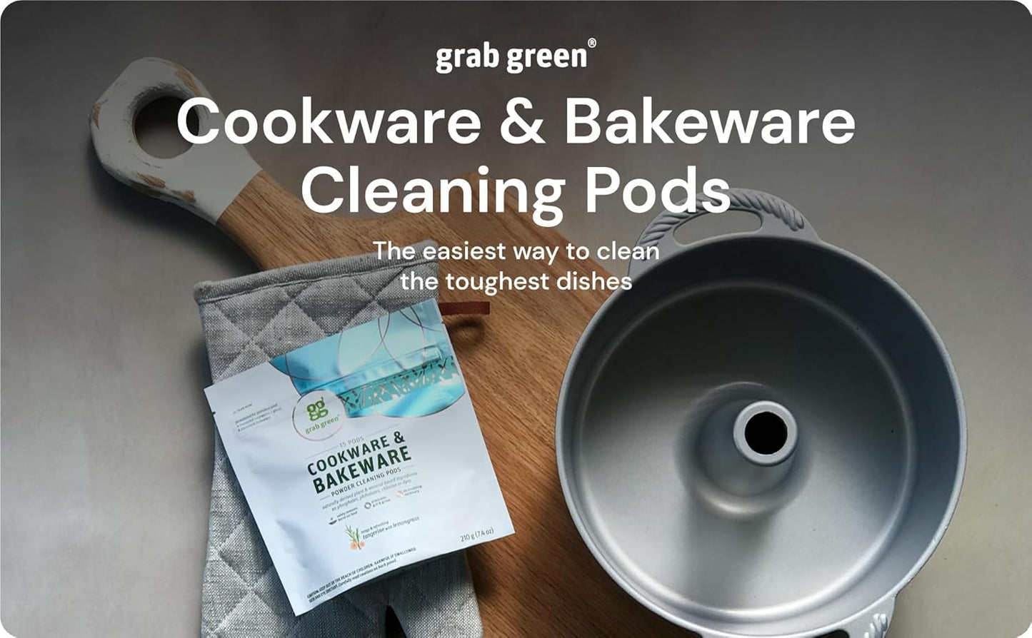 15 Grab Green Cookware and Bakeware Cleaner Pods, Tangerine Lemongrass Scent, Plant and Mineral Based, Removes Burnt-On Food and Stains