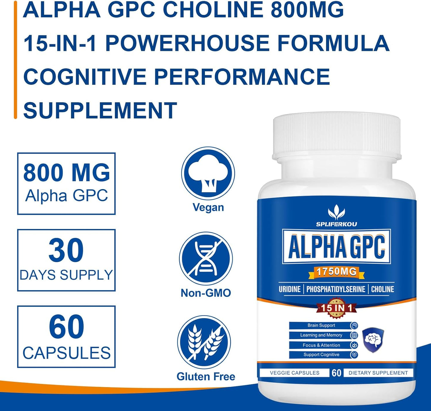 15-in-1 Alpha GPC Nootropic Brain Supplement with Lion's Mane - Memory, Focus, Brain Support - 180 Capsules