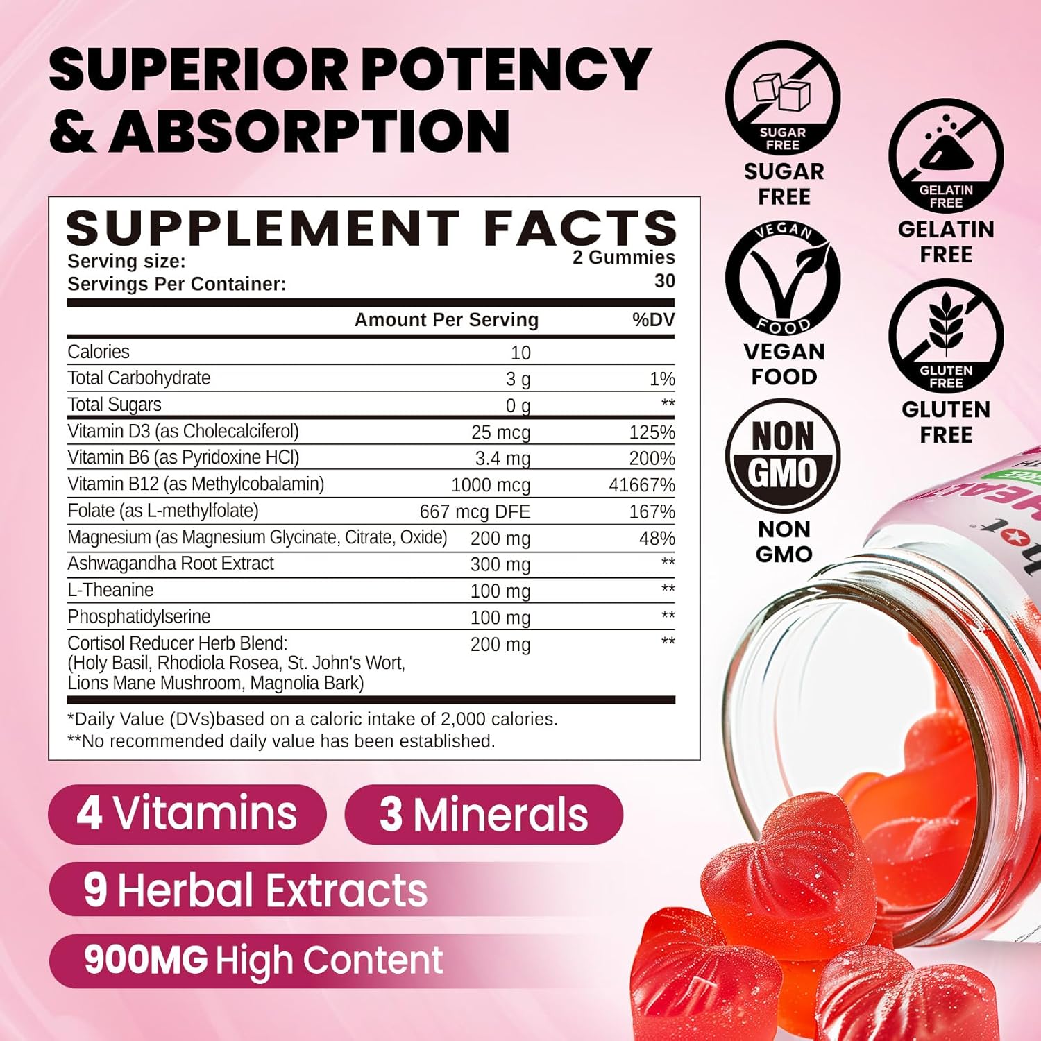 15-in-1 Cortisol Gummies for Women with Ashwagandha & Magnesium - Hormone Balance, Mood, Focus, Sleep Support - Vegan & Sugar Free - 60 Count