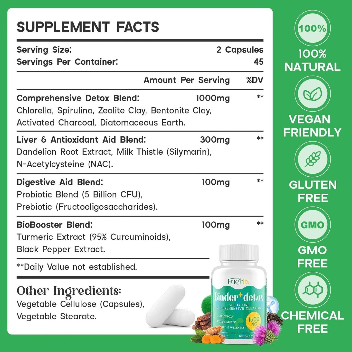 15-in-1 Detox Binder with Activated Charcoal, Zeolite, Bentonite Clay & Chlorella - 1500 MG Supplement for Liver & Digestive Cleanse - 360 Vegan Capsules