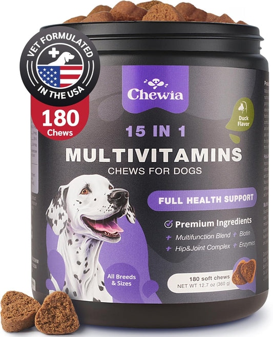15-in-1 Dog Multivitamin Chews with MSM for Hip & Joint Health, Itchy Skin Relief, Immune Support, Enzymes, Skin & Coat, Mobility Support by CHEWIA