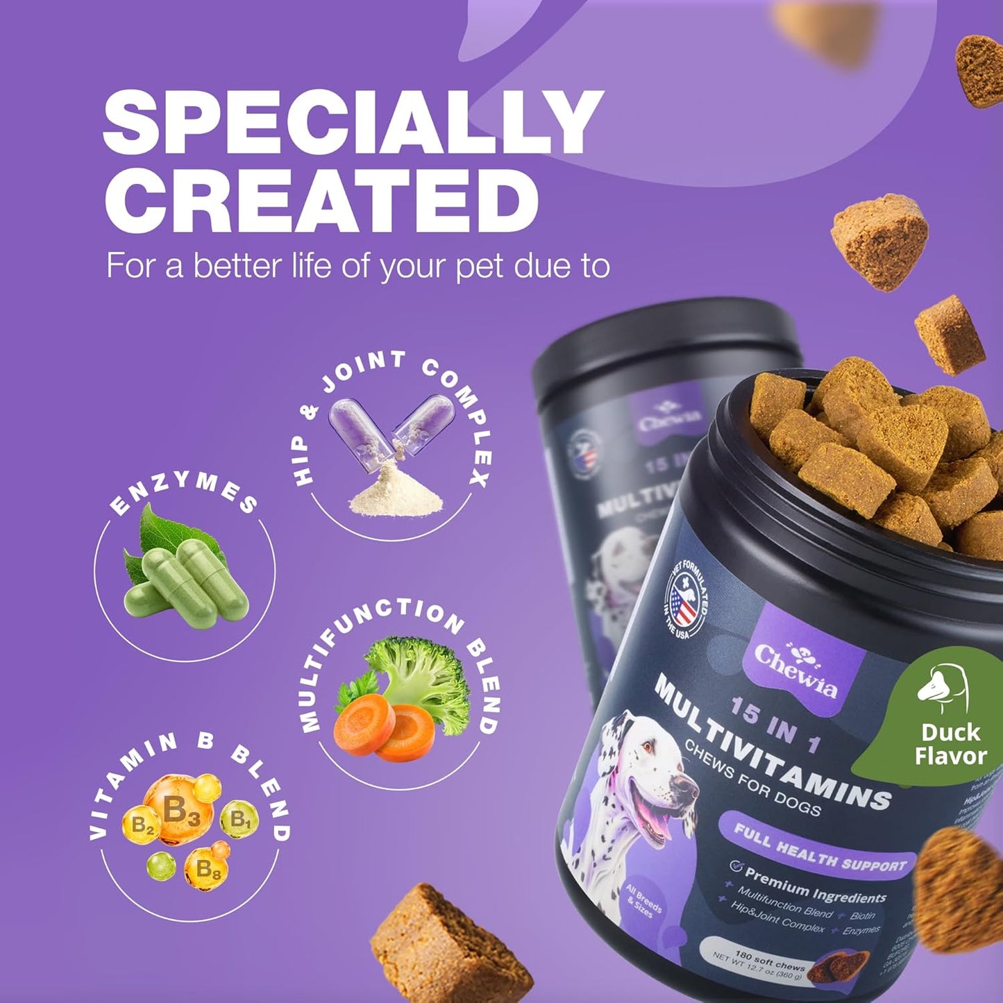 15-in-1 Dog Multivitamin Chews with MSM for Hip & Joint Health, Itchy Skin Relief, Immune Support, Enzymes, Skin & Coat, Mobility Support by CHEWIA