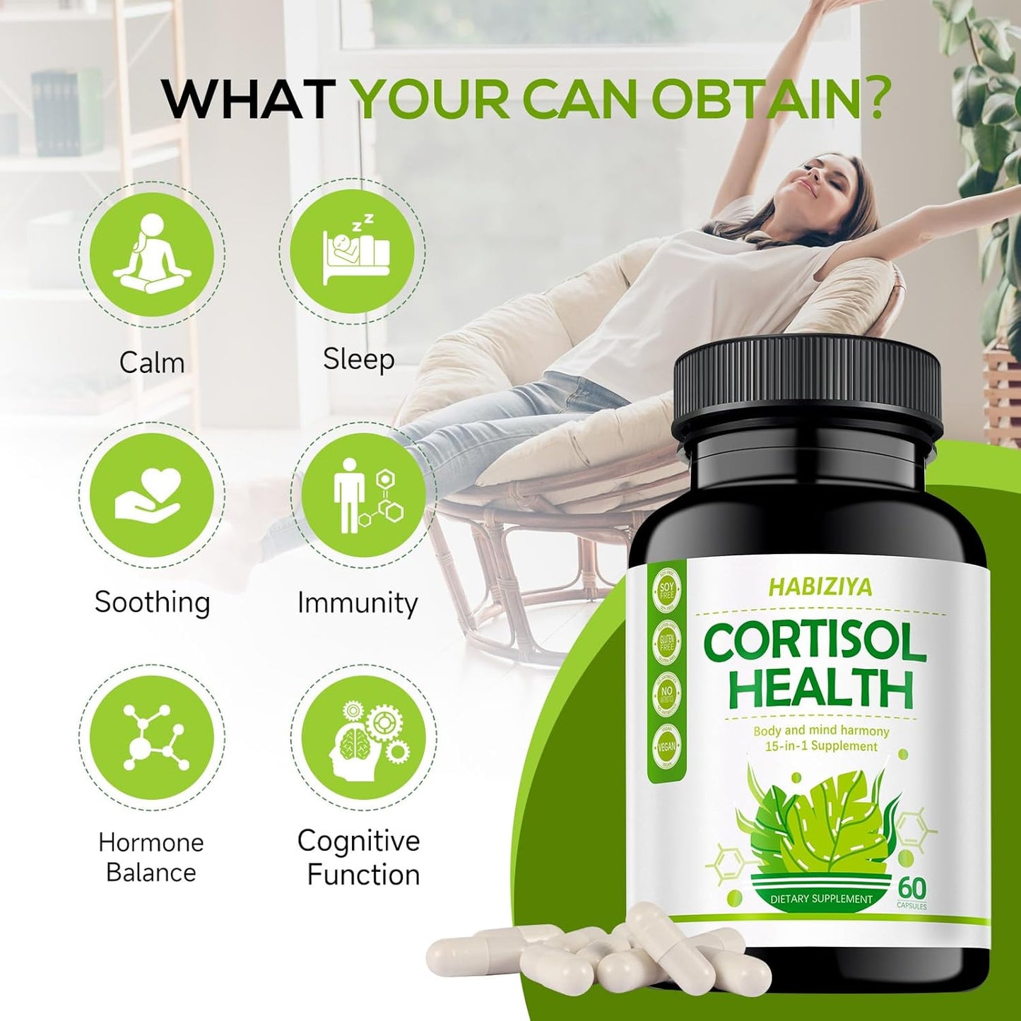 15-in-1 Hormone Balance Supplement with Cortisol Support, Magnesium Glycinate, Ashwagandha - 60 Capsules for Mood, Focus, Sleep Support in Men and Women