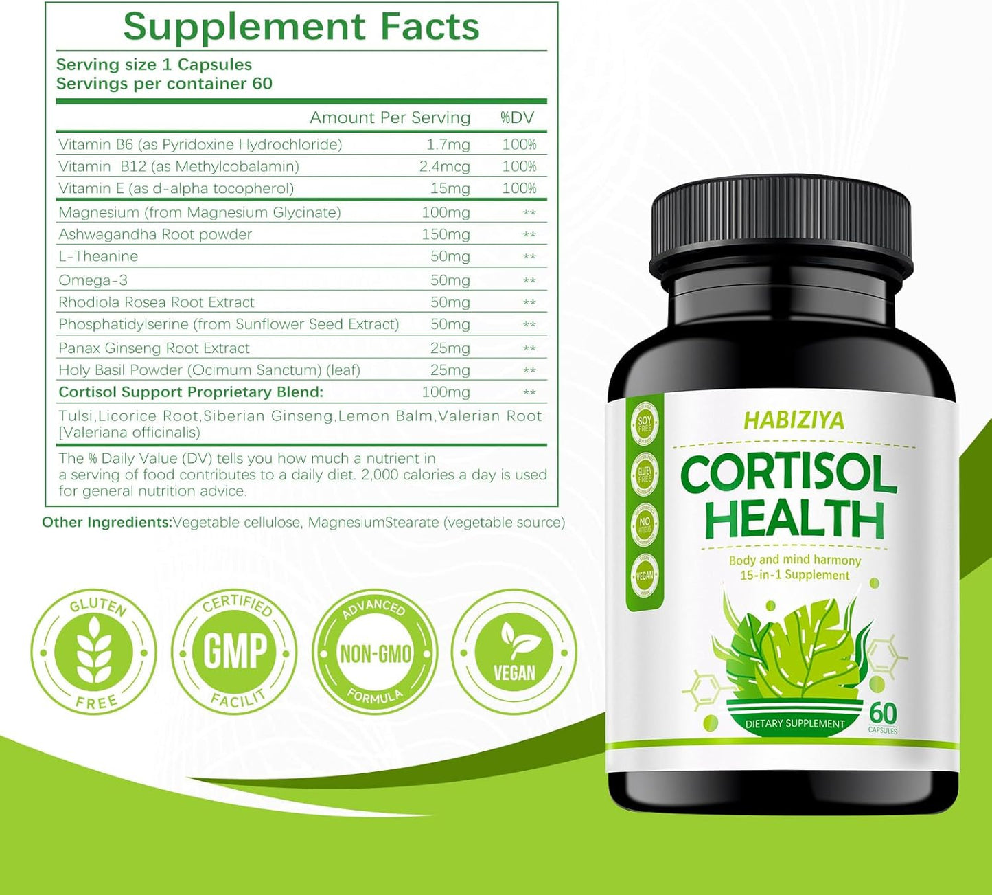 15-in-1 Hormone Balance Supplement with Cortisol Support, Magnesium Glycinate, Ashwagandha - 60 Capsules for Mood, Focus, Sleep Support in Men and Women