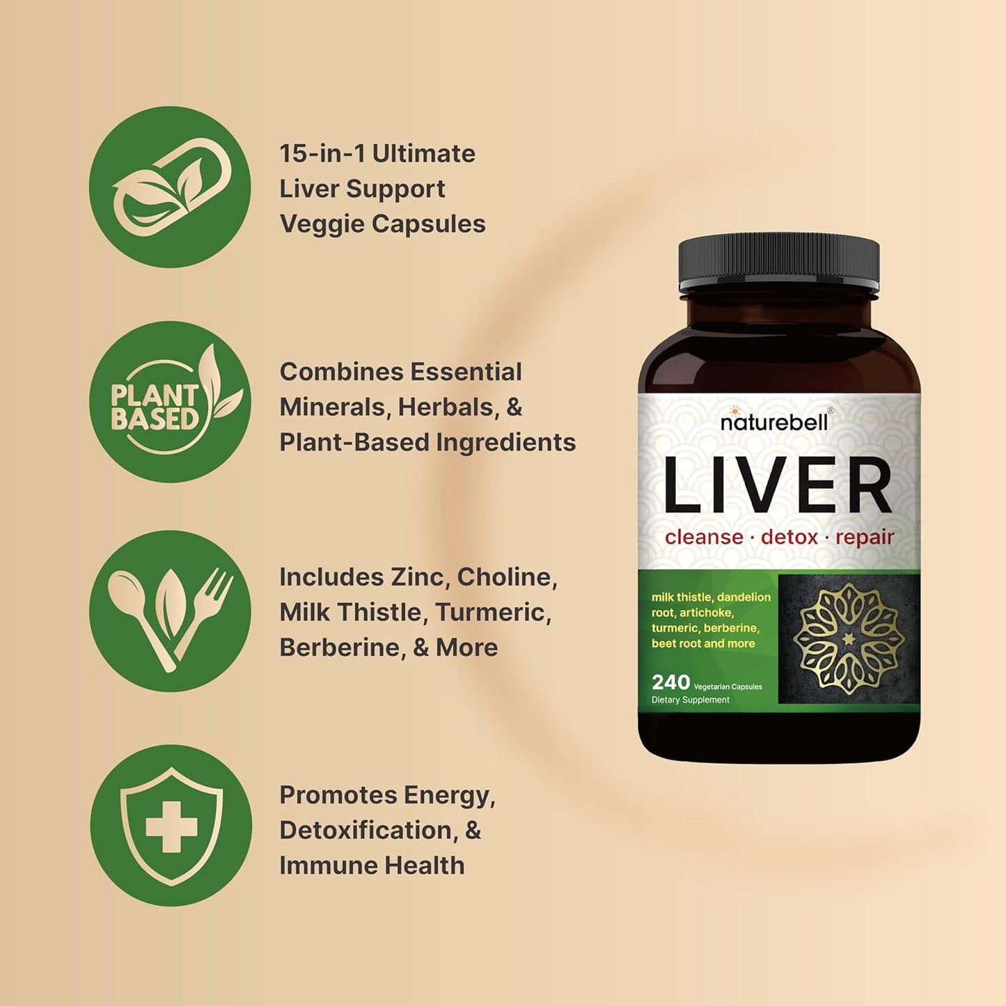 15-in-1 Liver Cleanse Detox & Repair, 240 Veggie Capsules | Milk Thistle, Dandelion Root, Turmeric & More | Herbal Liver Support