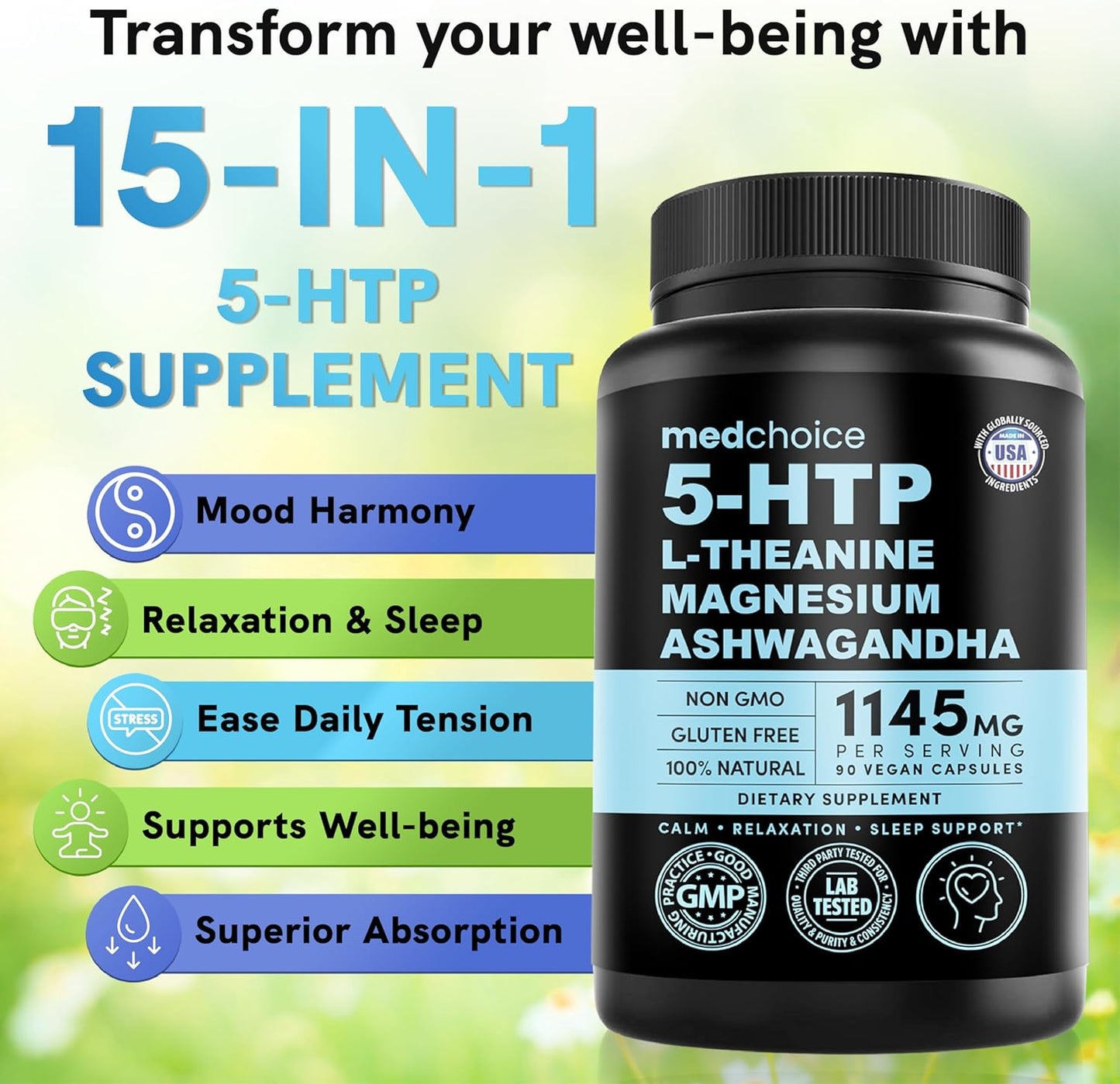 15-in-1 Mood Support Supplement - 5HTP 200mg Capsules with L-Theanine, Magnesium, Ashwagandha, GABA, St. John's Wort, L-Tryptophan - Anxiety Relief 1145mg (90ct)