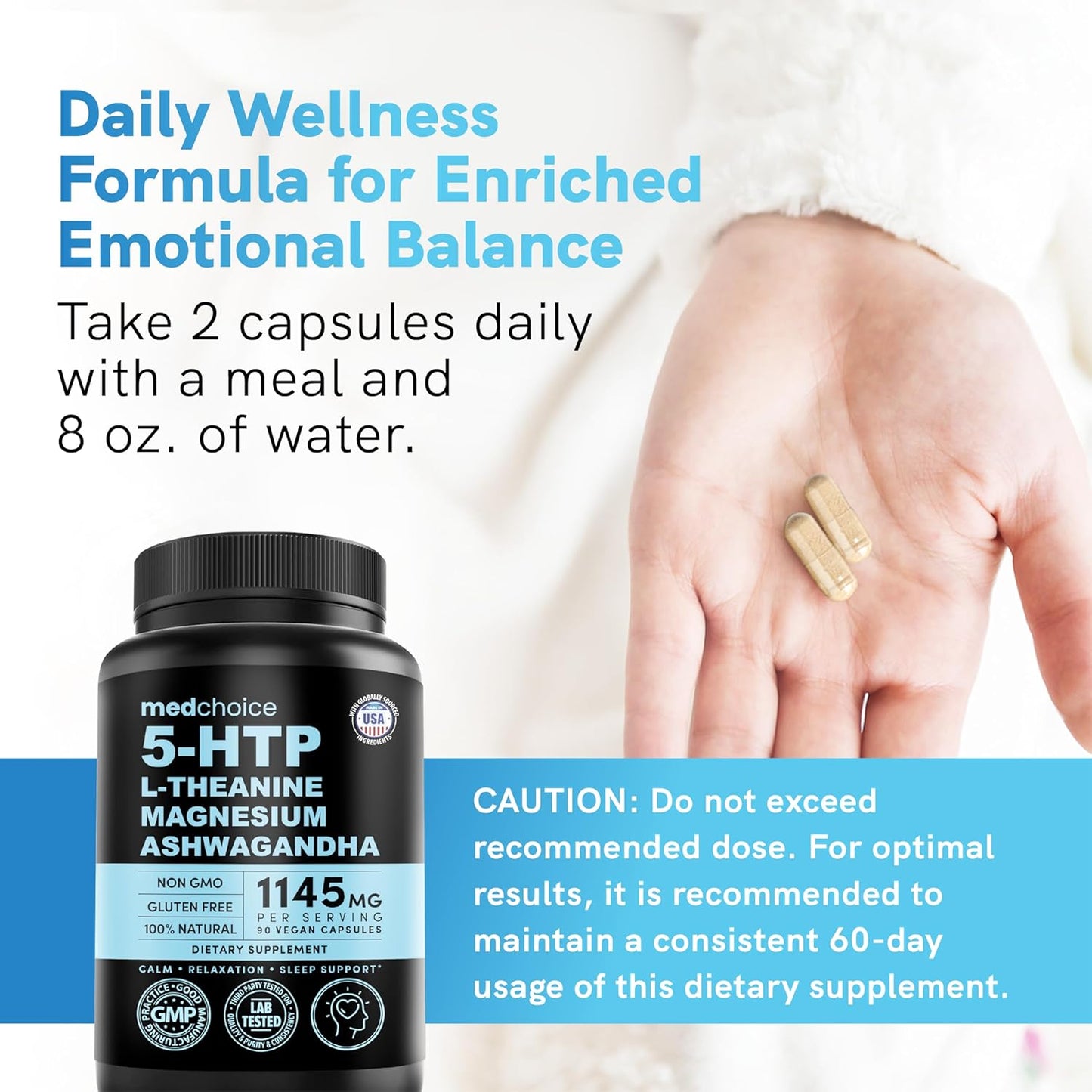 15-in-1 Mood Support Supplement - 5HTP 200mg Capsules with L-Theanine, Magnesium, Ashwagandha, GABA, St. John's Wort, L-Tryptophan - Anxiety Relief 1145mg (90ct)