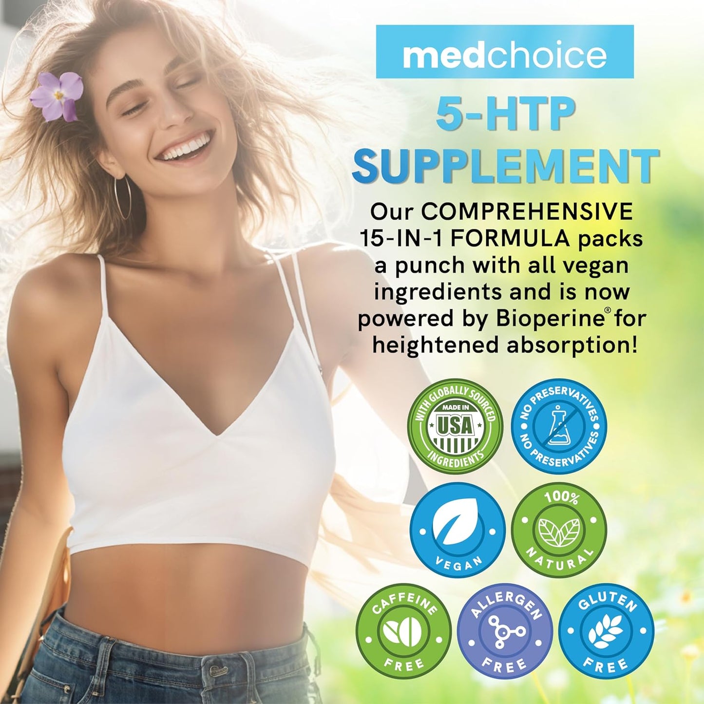15-in-1 Mood Support Supplement - 5HTP 200mg Capsules with L-Theanine, Magnesium, Ashwagandha, GABA, St. John's Wort, L-Tryptophan - Anxiety Relief 1145mg (90ct)