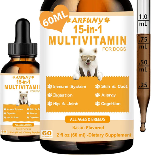 15 in 1 Multivitamin Liquid for Dogs - Supports Joint, Gut, and Immune Health - Puppy Vitamin Supplement with Bacon Flavor - Canine Digestion, Heart, Skin, and Coat Health Benefits